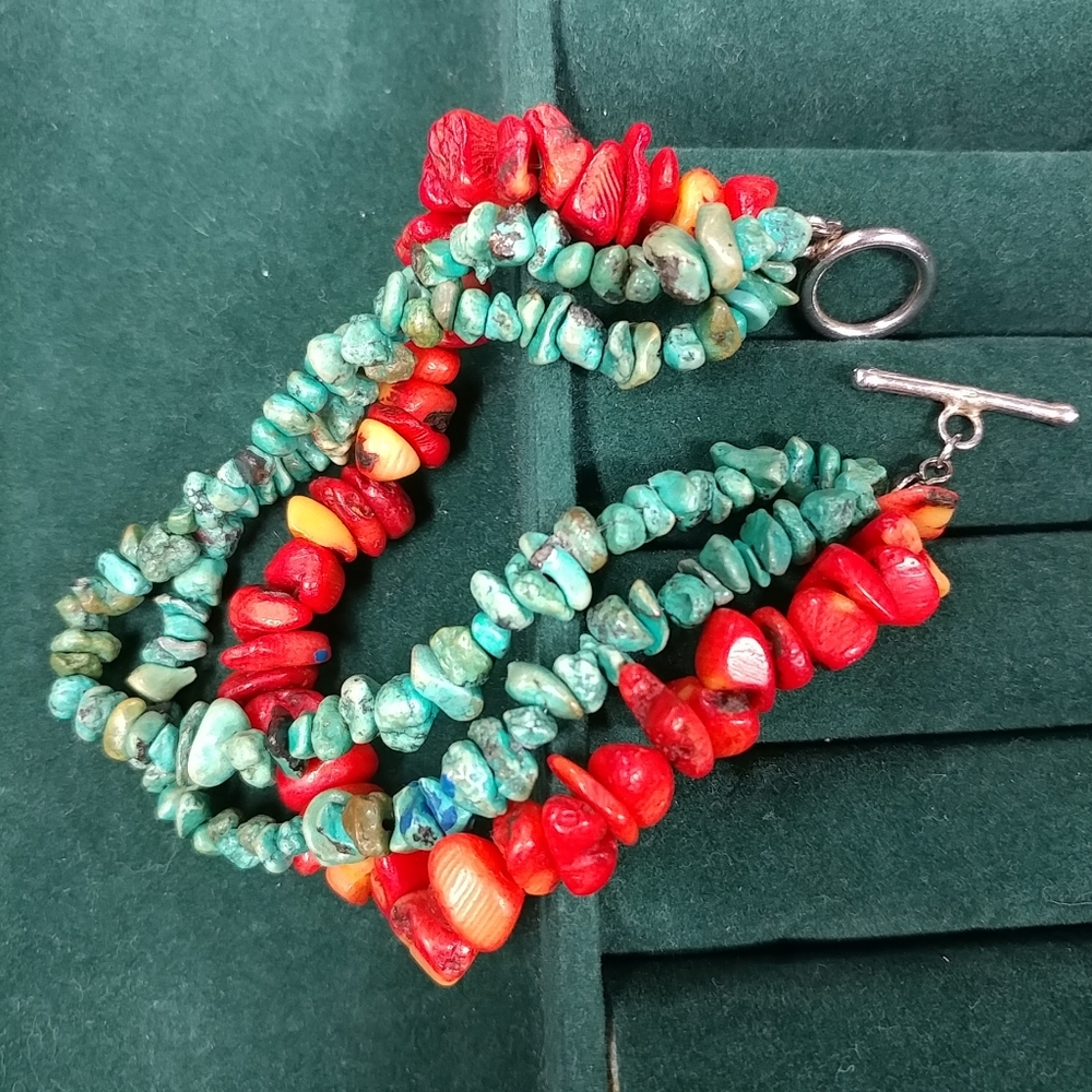 Turquoise Chip & Coral Bracelet 3 Strand 925 Sterling Silver 8" Long - Picture 6 of 16